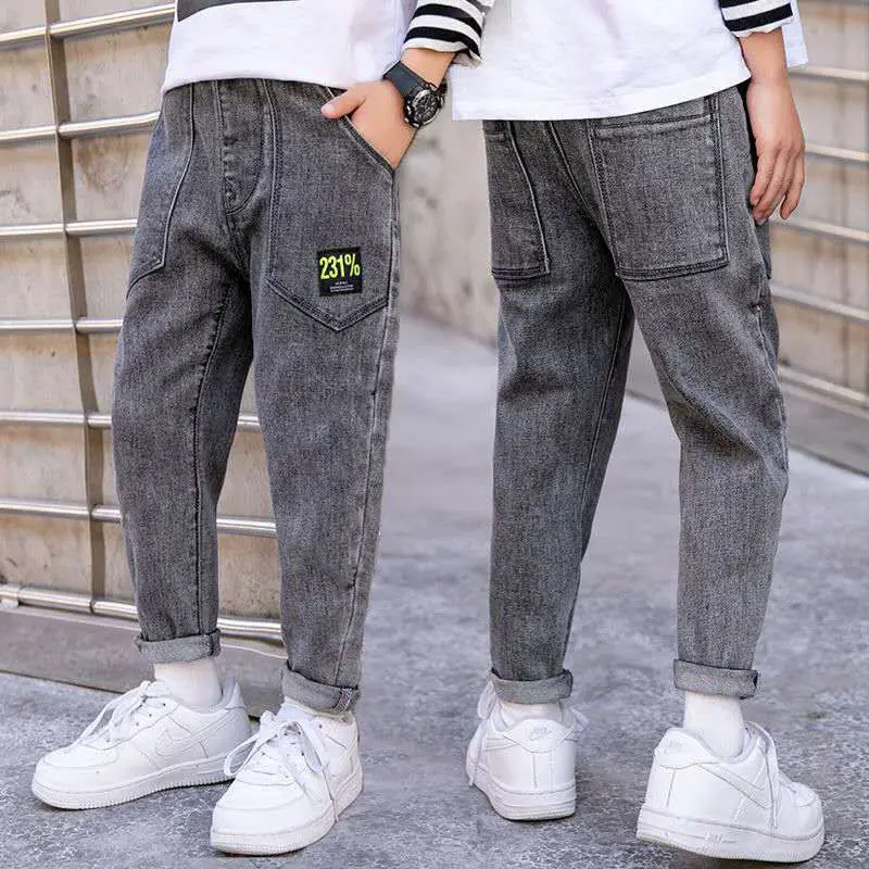 

Spring 2023 New Fashion Gray-black 4-16Years Teenage Boys Jeans Slim Big Pocket Pants Children Jeans Casual Trousers Clothing