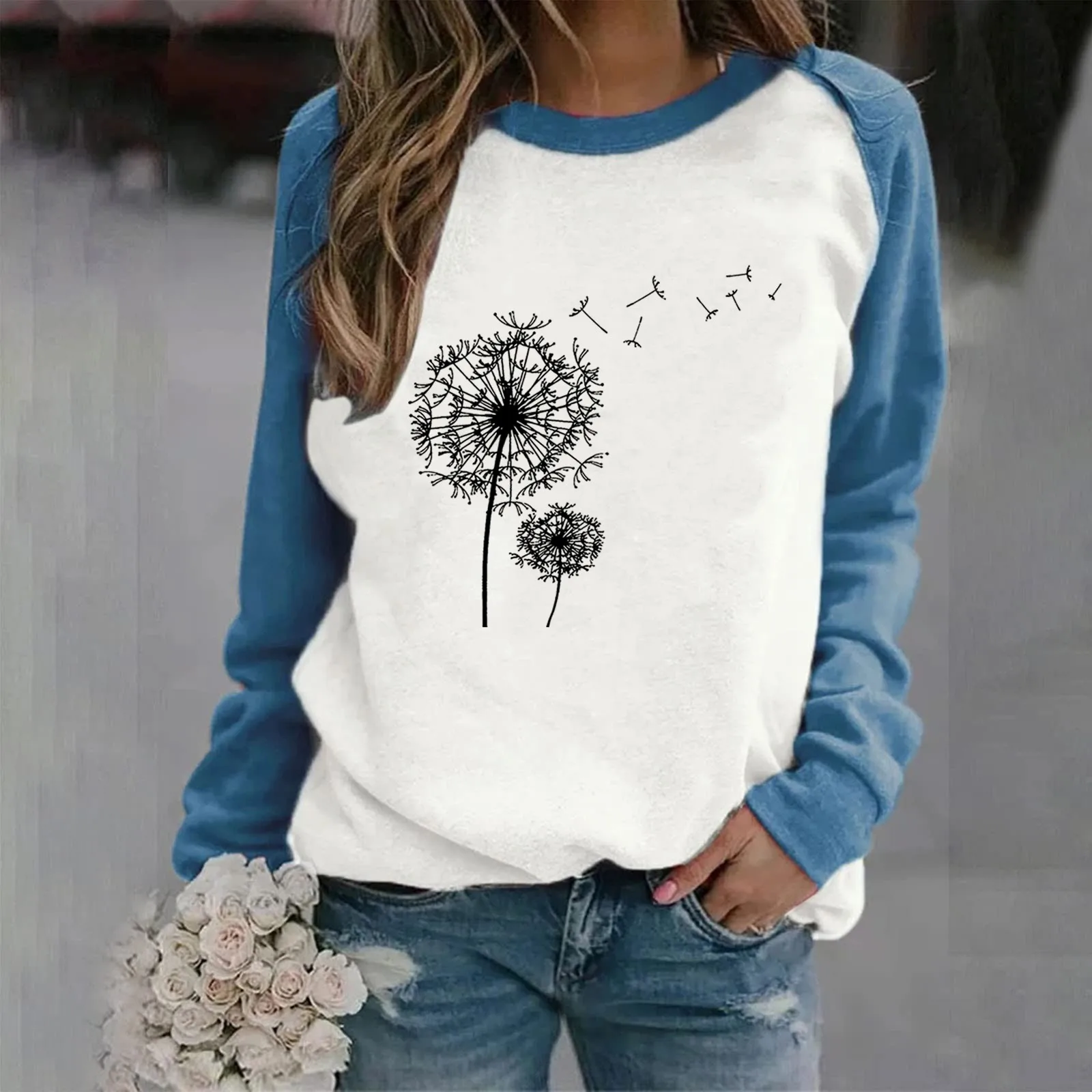 

Women Harajuku Hoodies Vantage Dandelion Print Patchwork Sweatshirts Loose Crew Neck Aesthetic Shirt Korean Hooded Sudaderas