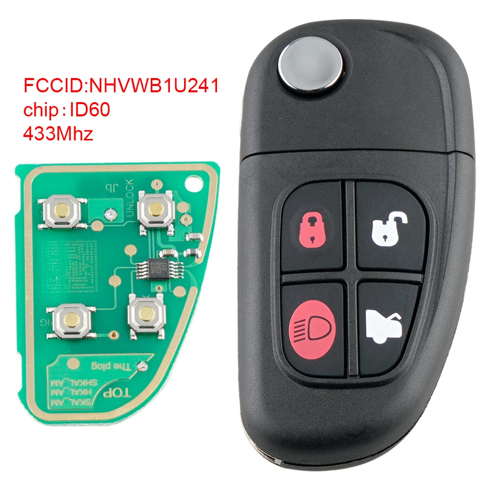 

433Mhz 4 Buttons Flip Remote Car Key with ID60 Chip NHVWB1U241 for Jaguar S type / X type / XJ8 1999-2008 Auto key Replacement