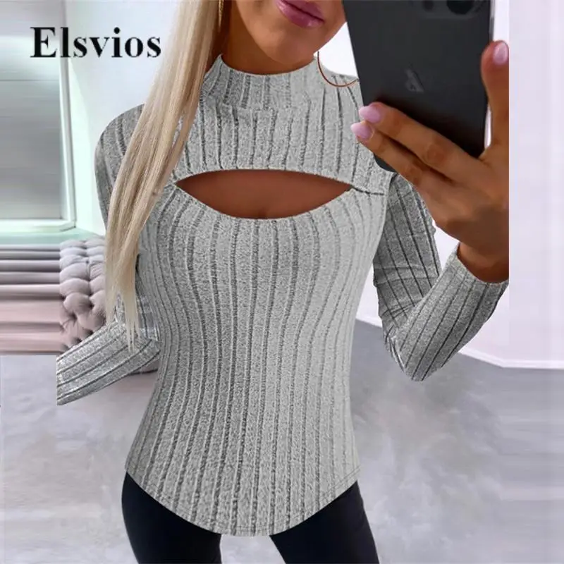 

Fashion Hollow Out Sexy Slim Bodycon Tops Women's Casual Half Collar Office Lady Shirt Pullover Spring Autumn Ribbed Knit Blouse