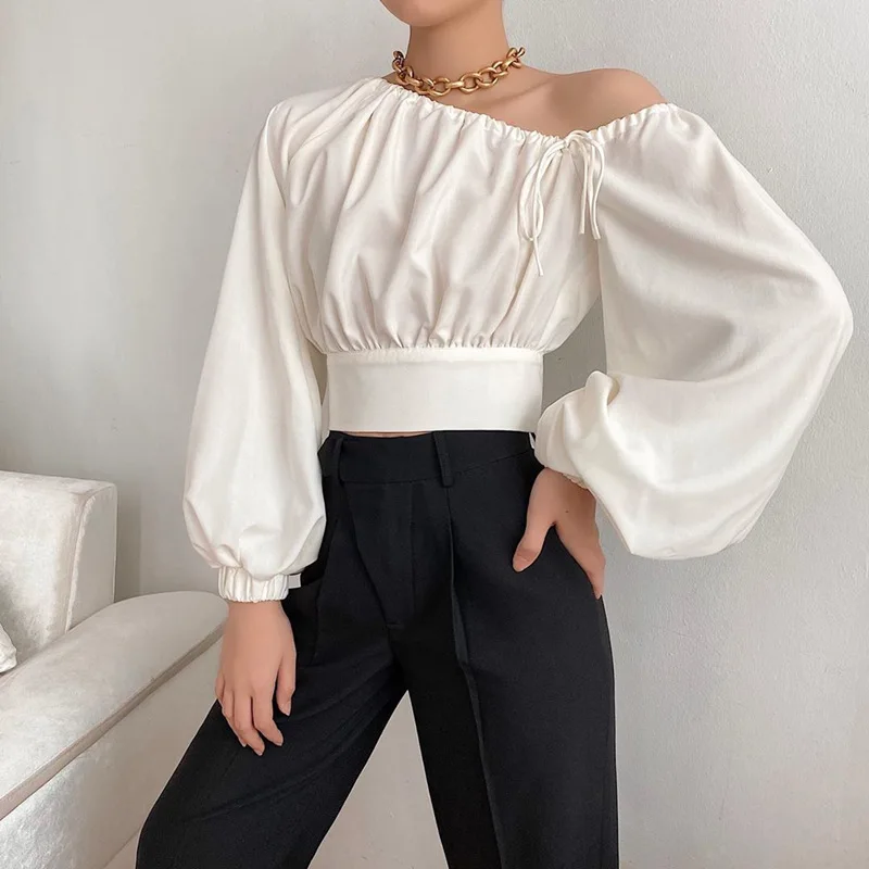 

White Oblique Shoulder Lace Up Lantern Long Sleeve Elastic Waist Ruched Crop Top Fashion Shirt 2023 New Spring Autumn Women's