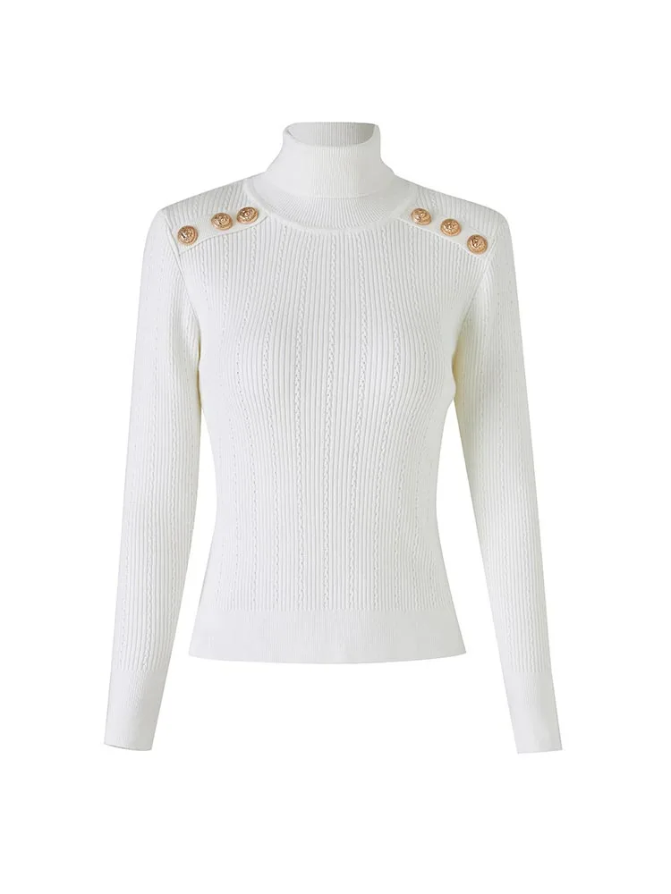 

TOP QUALITY Newest 2023 Fall Winter Designer Sweater Women's Turtleneck Lion Shoulder buckle Wool Blending Knit Pullover Coat