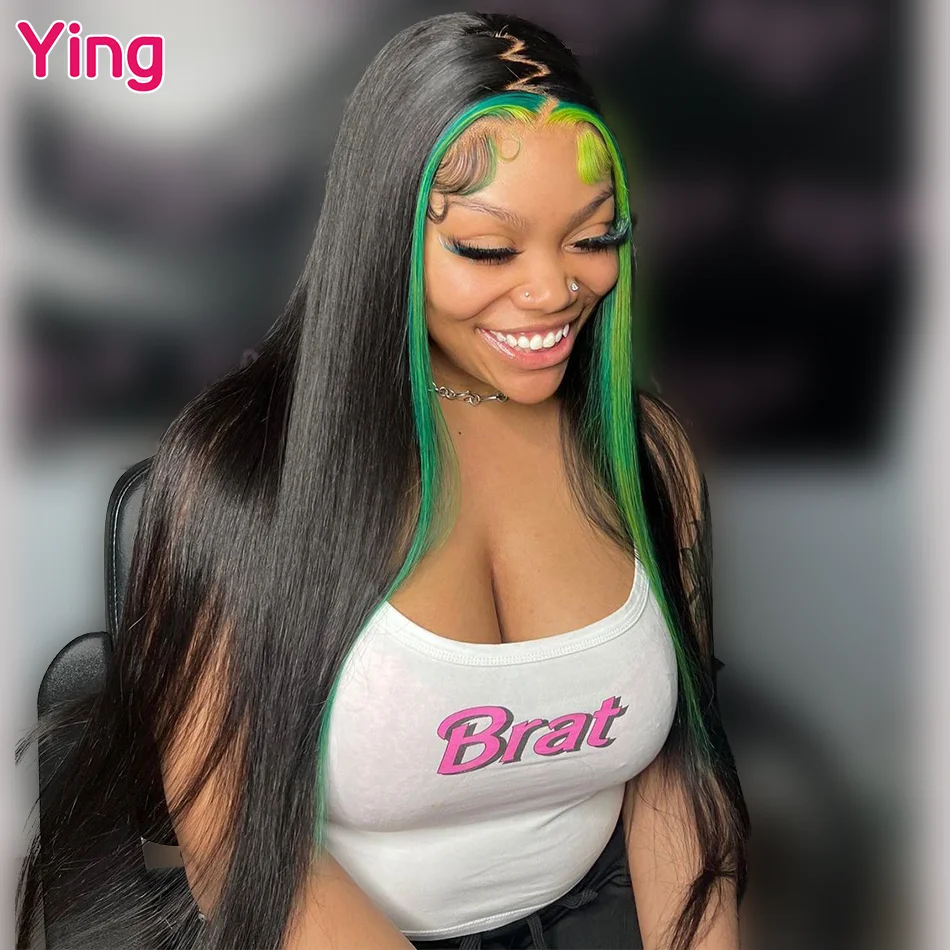 

Ying Bone Straight Green Colored With Black 13x4 Transparent Lace Wig Remy Preplucked Natural Hairline 13X6 Lace Frontal Wigs