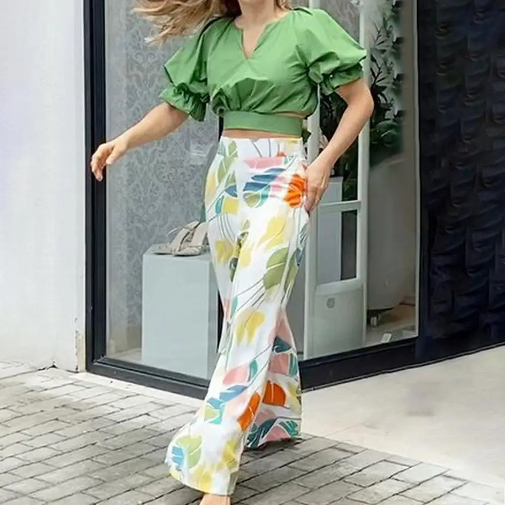 

2Pcs/Set Women Outfit V-neck Simple Non-shrink Colorful Leaf Print Top Pants Set Female Clothing