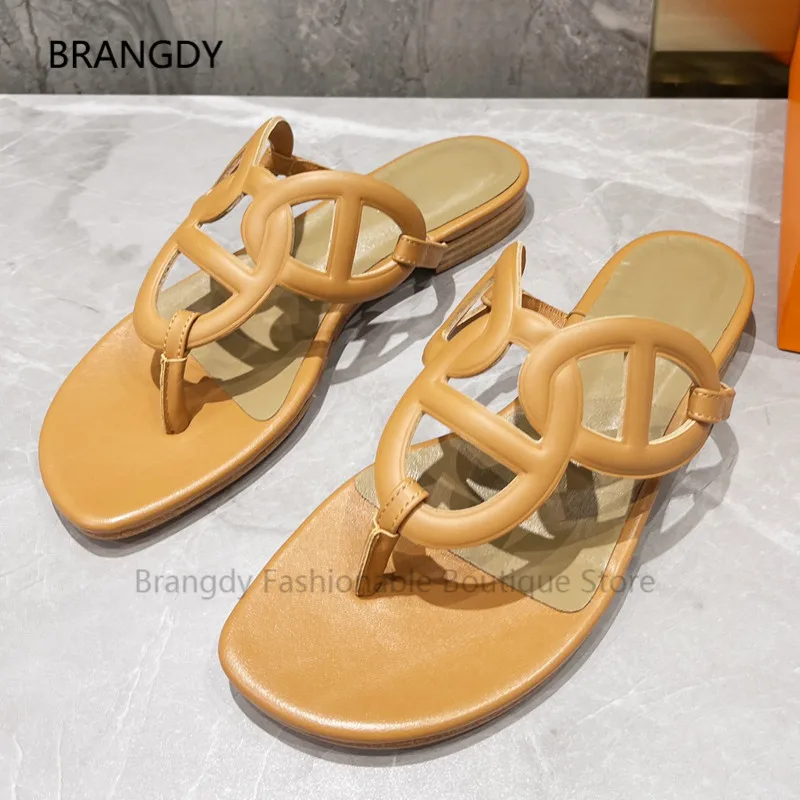 

2022 Summer Leather Chain Cut Out Sandals Open Toe Women Flat Slippers Mules Female Outdoor Beach Flip Flops Causal Slide Mujer