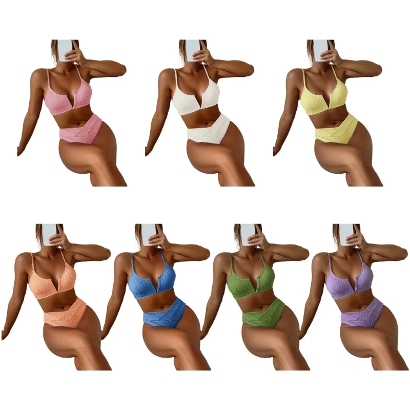 

Womens Sexy V-Wired Solid Color High Waisted Bikini Set Two Piece Swimsuits