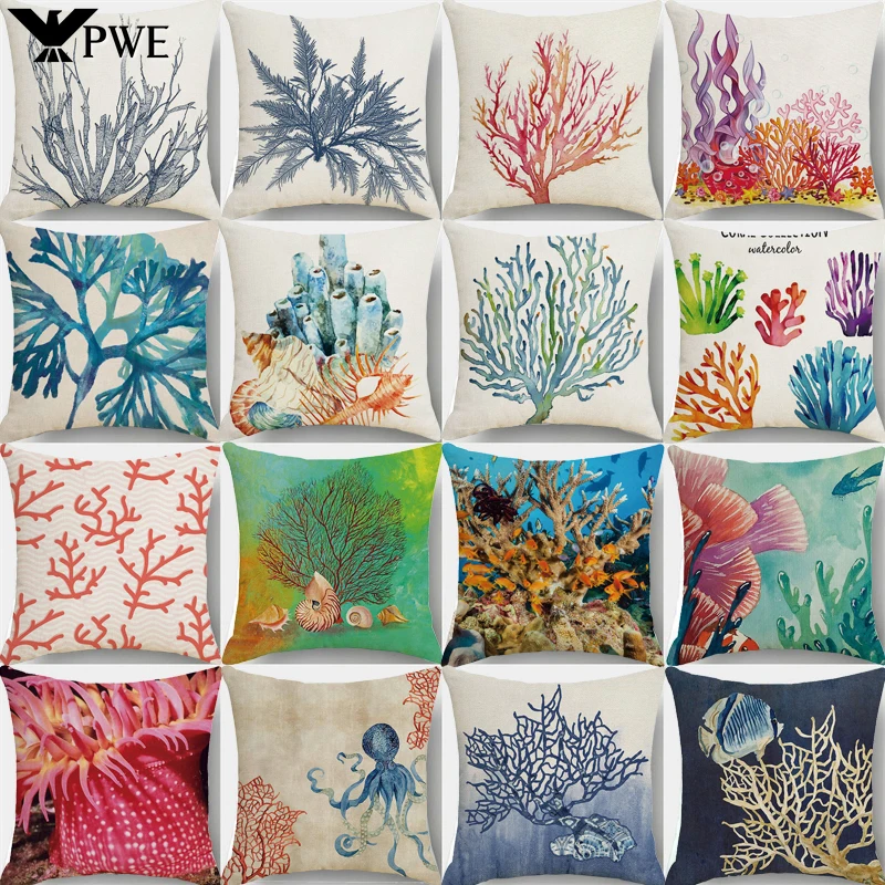 

45x45cm Watercolor Coral Marine Life Cushion Cover Custom Fish Animal Plant Linen Pillow Cases Sofa Home Decoration Pillowslip