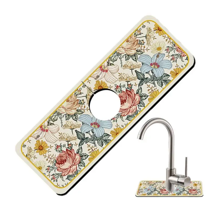 

Splash Guard For Sink Floral Pattern Soft Diatom Mud Drain Pad Strong Absorption Faucet Splash Mat For Kitchen Bathroom