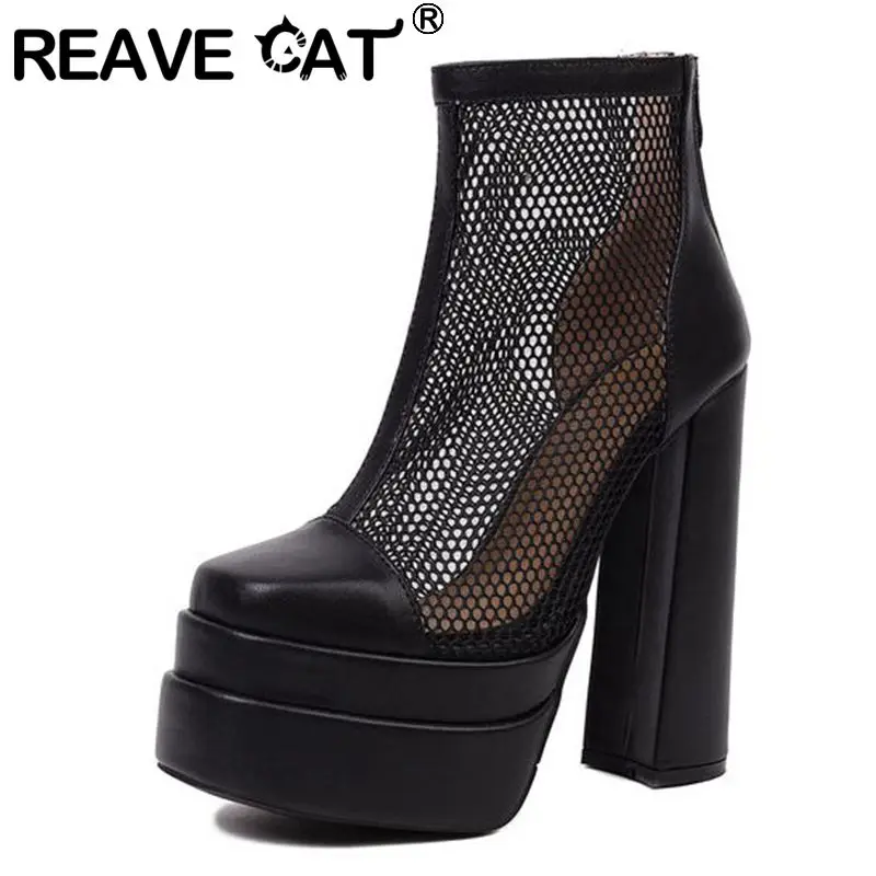 

REAVE CAT Genuine Leather Ladies Summer Boot Platform 14.5cm High Heels Breathable Mesh Zipper Big Size 32-43 Black White S3736