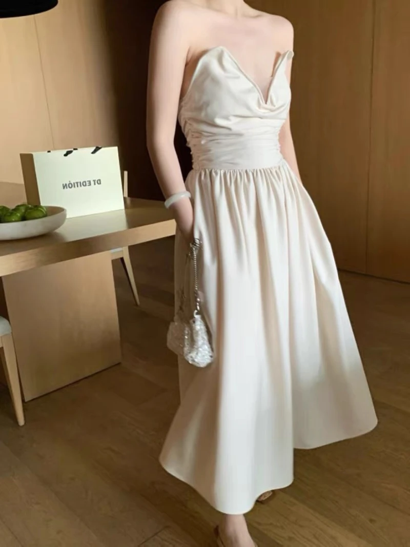 

Fashion Women Party Suspenders Dress Sleeveless Pockets White Dress Sexy Slash Neck Spring Summer Beach Dresses for Women 2023