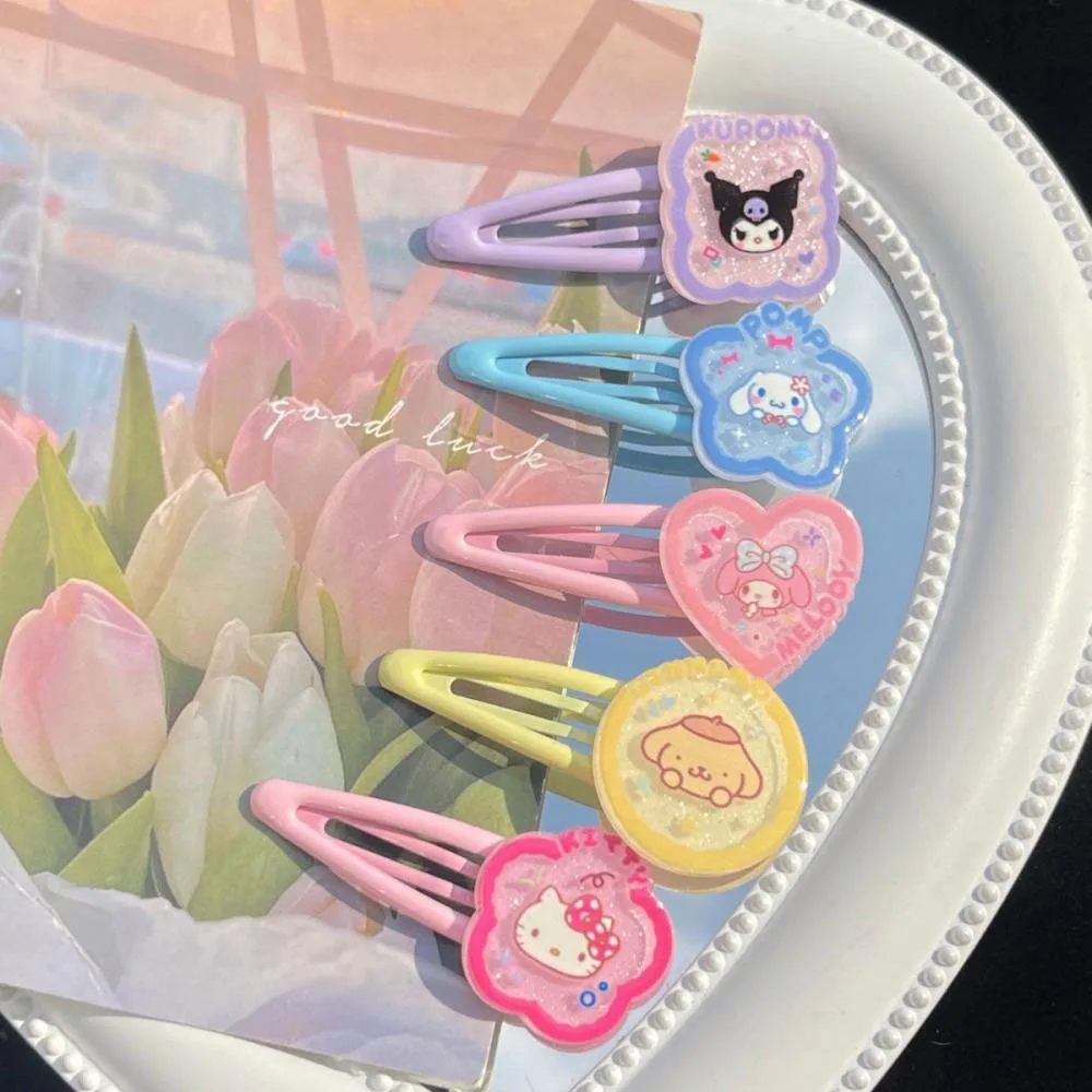 

5Pcs Kawaii Sanrio Hellokittys Cinnamoroll Kuromi My Melody Pompom Purin Accessories Hairpin Cartoon Bb Clip Card Issuance Gift