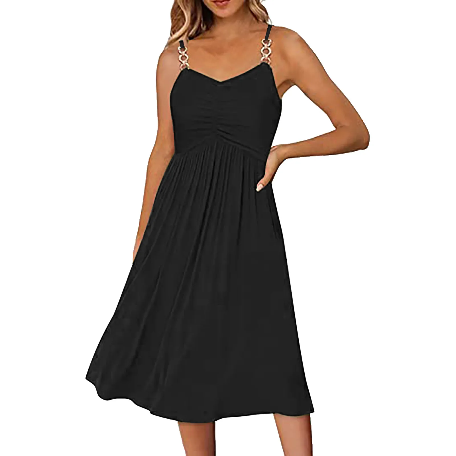 

Summer Solid Dresses For Women Sleeveless V Neck Spaghetti Strap A Line Sundresses Backless Elegant Club Office Party Vestidos