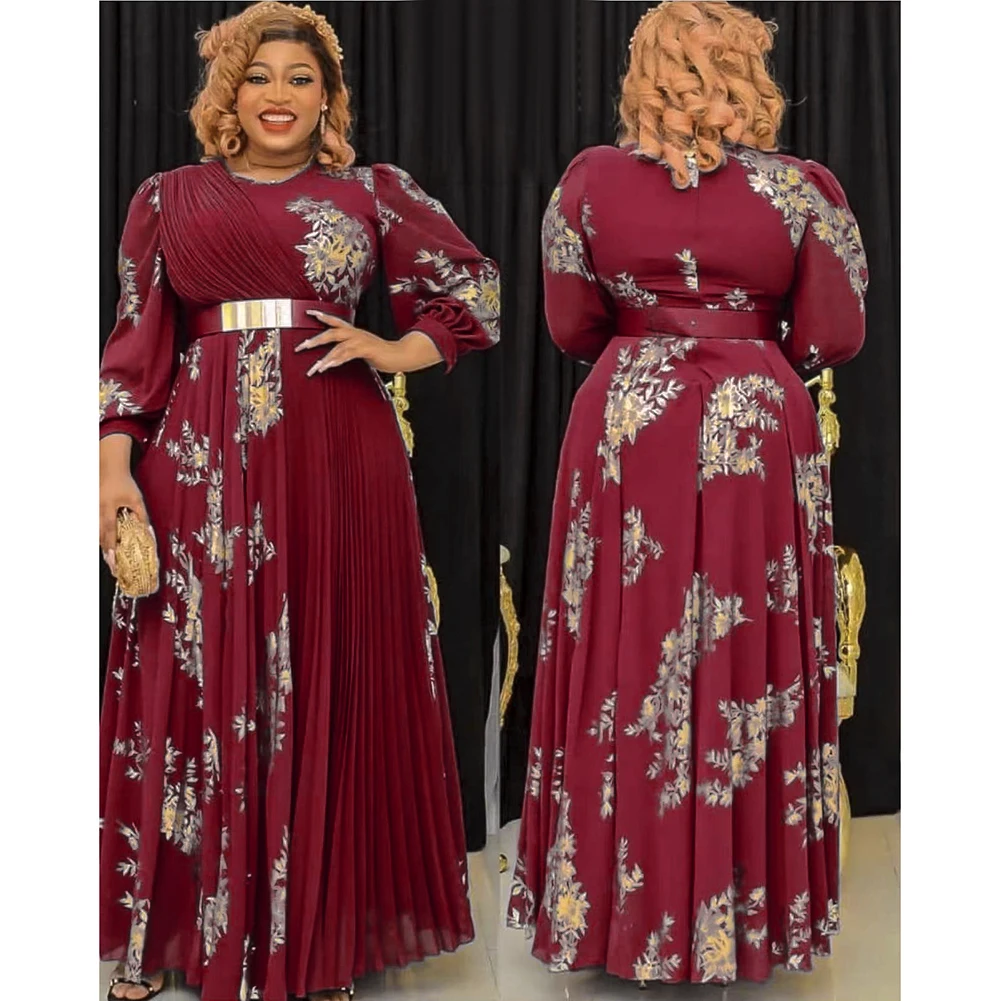 

2022 Plus Size Print African Chiffon Maxi Dresses for Women Elegant Wedding Evening Clothes Elegant Muslim Kaftan church Dresses