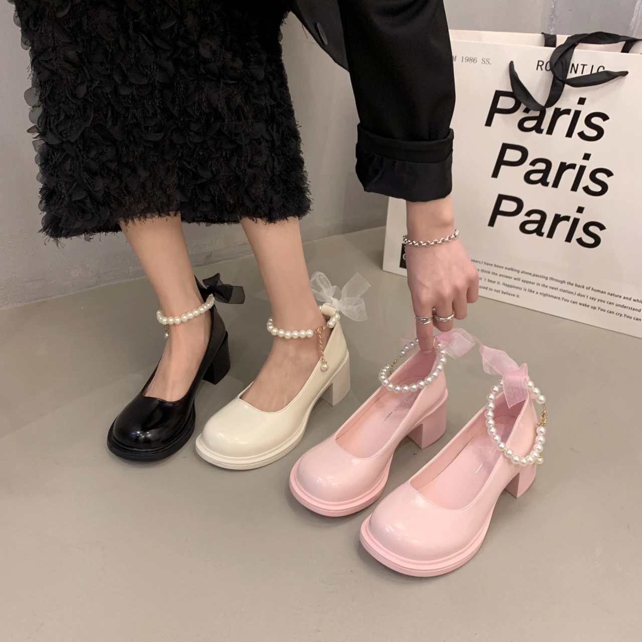 

Women Shoes 2023 Spring Pumps Latest Black Heels Round Toe Mary Jane Chunky Sandals Footwear Shallow Mouth New Retro Branded Cas