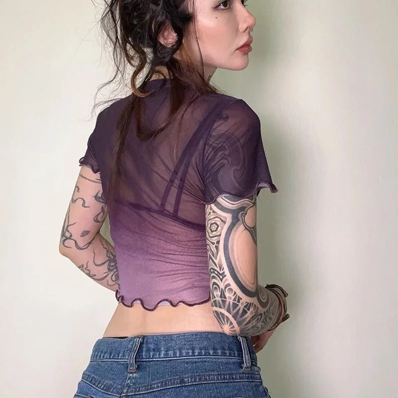 Оригинальная летняя женская футболка из сетчатой пряжи с принтом орхидеи