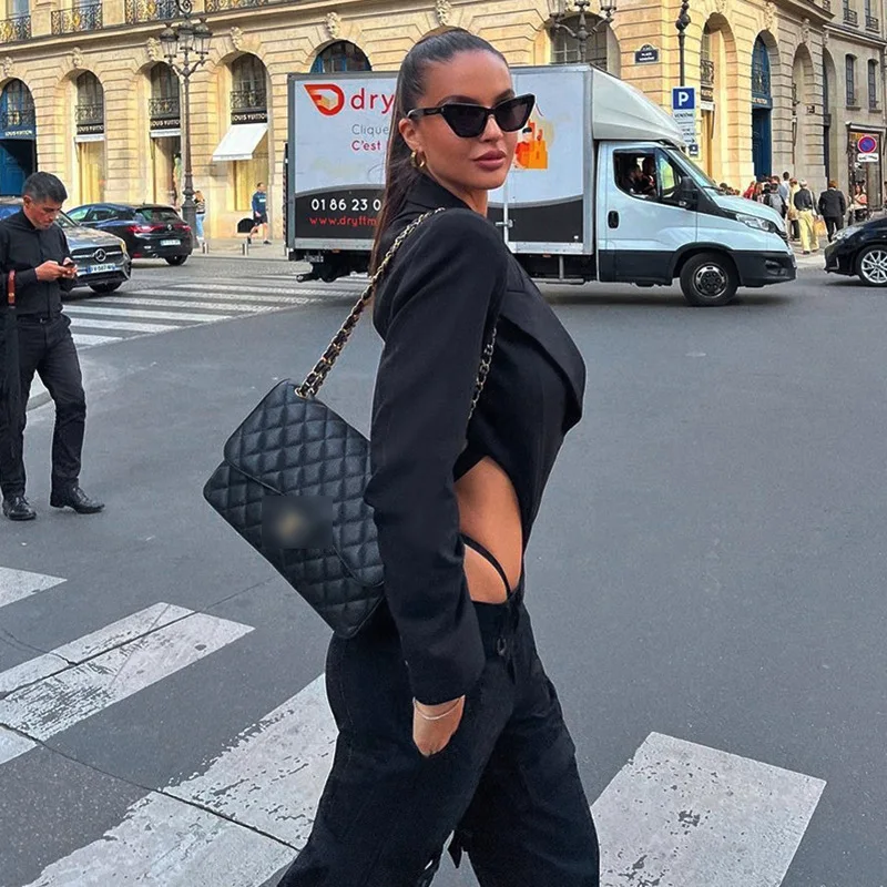 Sexy One Pieces Nightclub Party Jumpsuit Blazer Deep V neck Jackets Hollow Out Backless 1 Piece Romper Streetwear Black