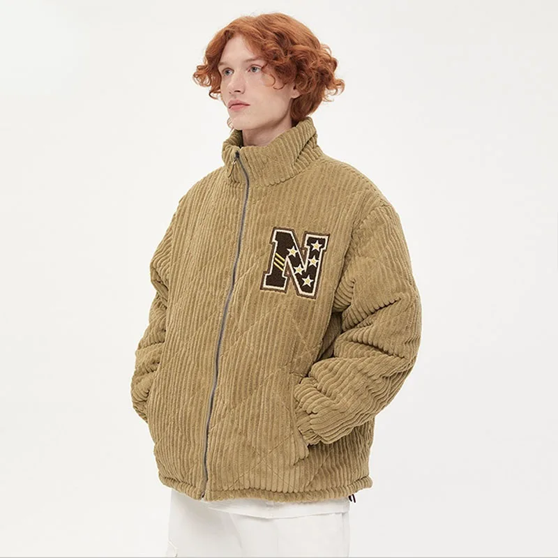 Corduroy Men's Solid Color Parkas Winter Design Thicken Stand Collar Warm Jacket Ins Simple Basic Couple Streetwear Parkas Men