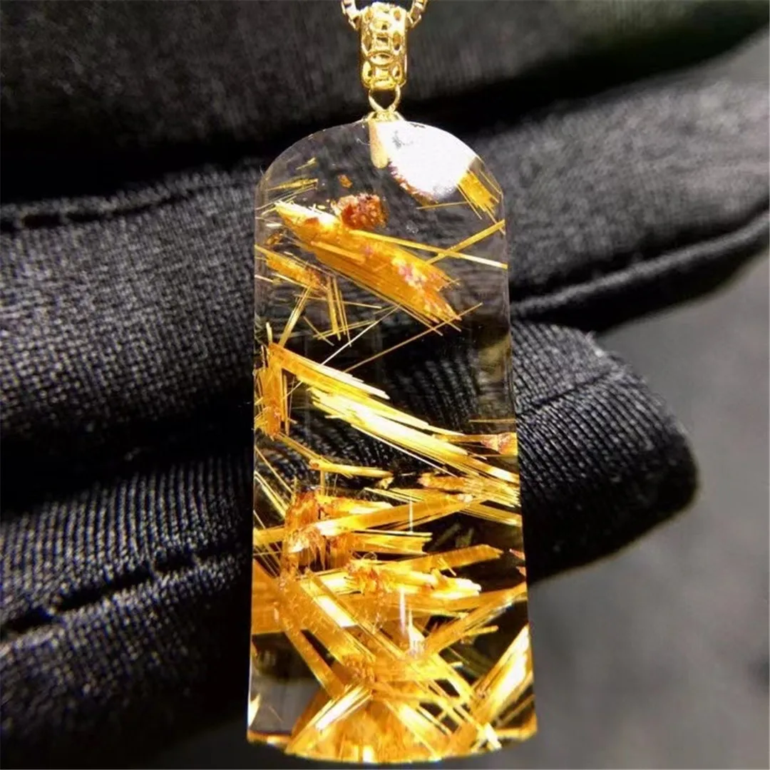 

Genuine Natural Gold Rutilated Quartz Pendant For Woman Lady Man Beauty Crystal 31x14x5mm Beads Stone Jewelry 18K Gold AAAAA