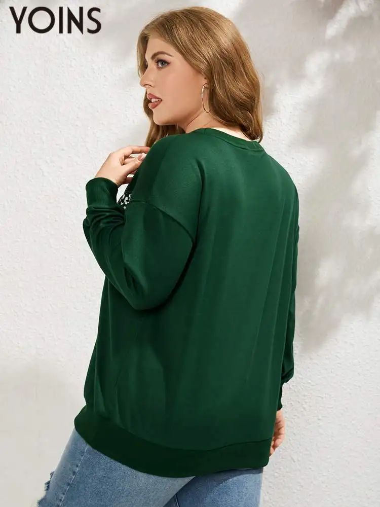 YOINS 2023 Autumn Women Sweatshirts Fashion Patchwork Hoodies Leopard Print Long Sleeve Plus Size Outwear Green Tops Blusas 4XL