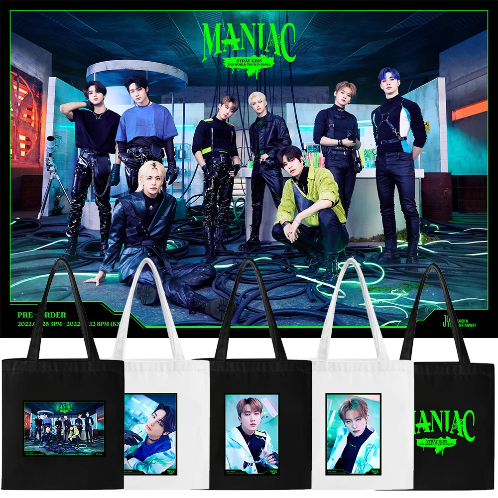 

KPOP New Boys Group Stray Kids Tour maniac Support Poster Fashion Canvas Bag Handbag Fried Street Trend Shoulder Bag Gifts Felix