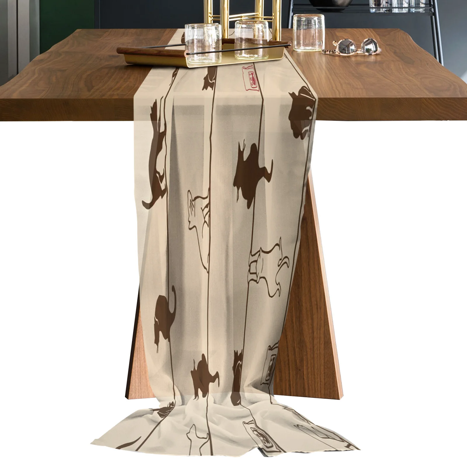 

Cat Cat Food Mouse Cute Chiffon Table Runners Wedding Party Decor Tablecloth Gauze Table Runner for Home Coffee Table