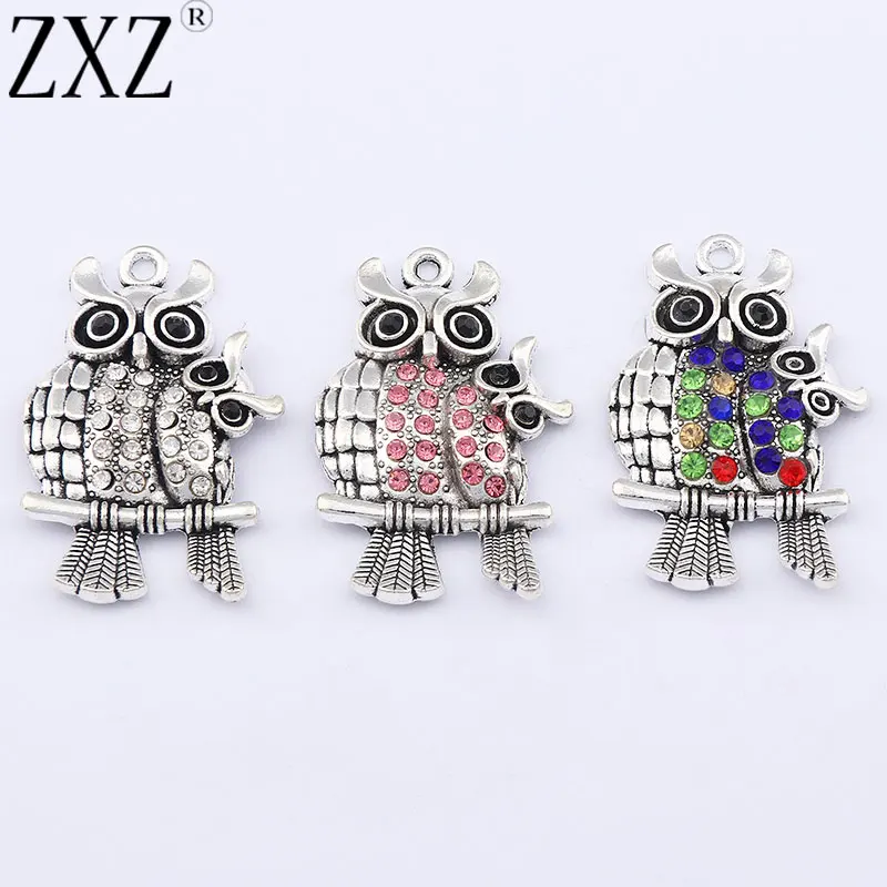 

ZXZ 5pcs Tibetan Silver Rhinestone Owl Bird Animal Charms Pendants for Necklace Jewelry Making Findings 43x28mm