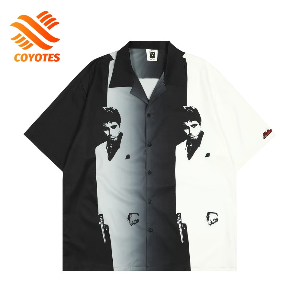 COYOTES Harajuku Shirts Men Casual Summer Portrait Print Shirt Short Sleeve Lapel Shirts For Men Vintage Hip Hop Oversized Shirt