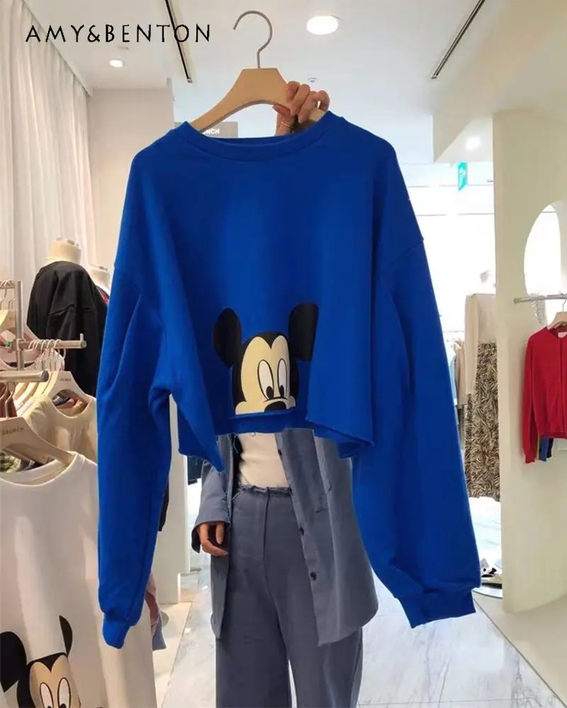 Spring and Autumn New and Thin Blue Short Style Pullover Age-Reducing Cartoon Printed Loose Women's Sweatshirt Tops Fashion