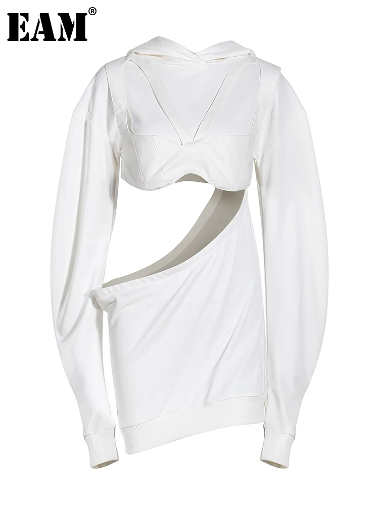 

[EAM] Women White Cutout Irreuglar Casual Dress New Hooded Long Sleeve Loose Fit Fashion Tide Spring Autumn 2022 1DE70750