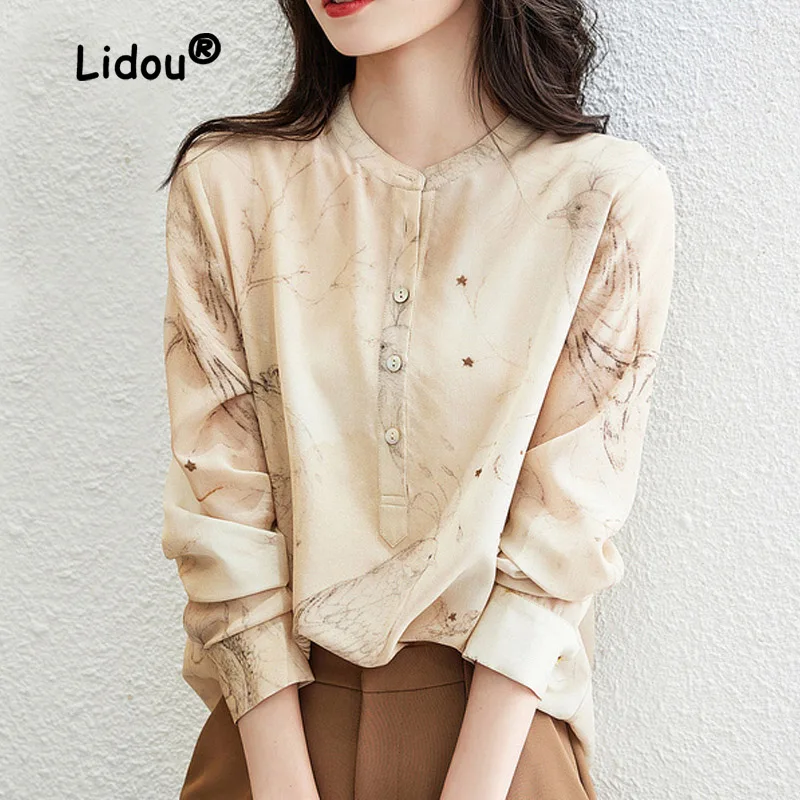 

Harajuku Fashion Printing Single-breasted Blouse Women New Classic Long Sleeve O-collar Loose Casual Chiffon Lady Shirt 2023