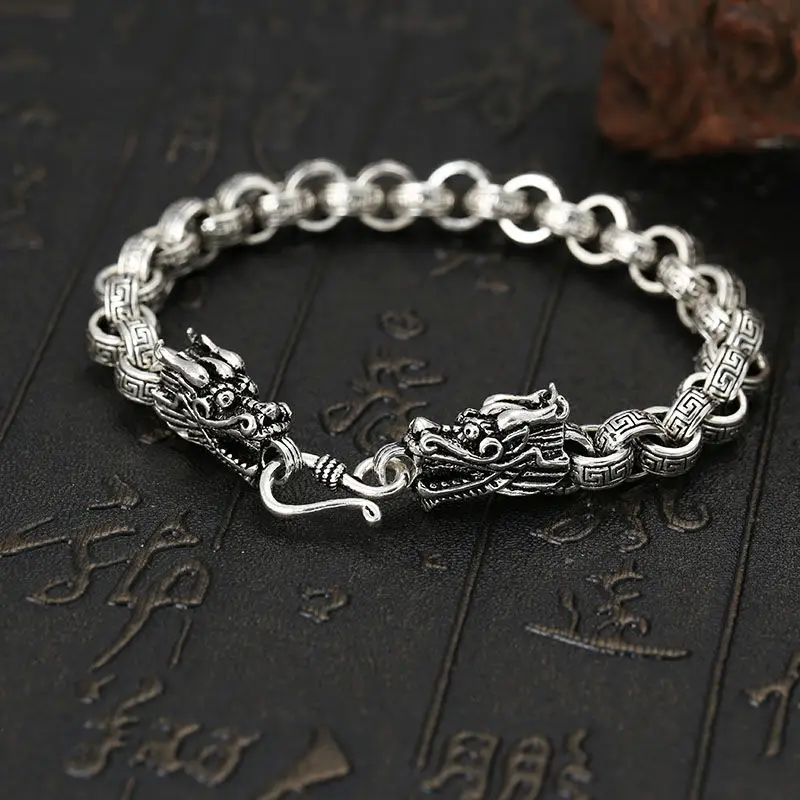 

New Double Leading Handmade Bracelet Back Pattern Men Domineering Retro Silver Bracelet Personalized Jewelry Accessories