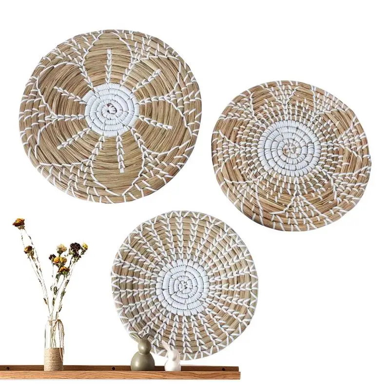 

Woven Basket Wall Decor 3pcs Hangable Round Seagrass Woven Wall Decor Flat Basket Reusable Decorative Woven Wall Decor For