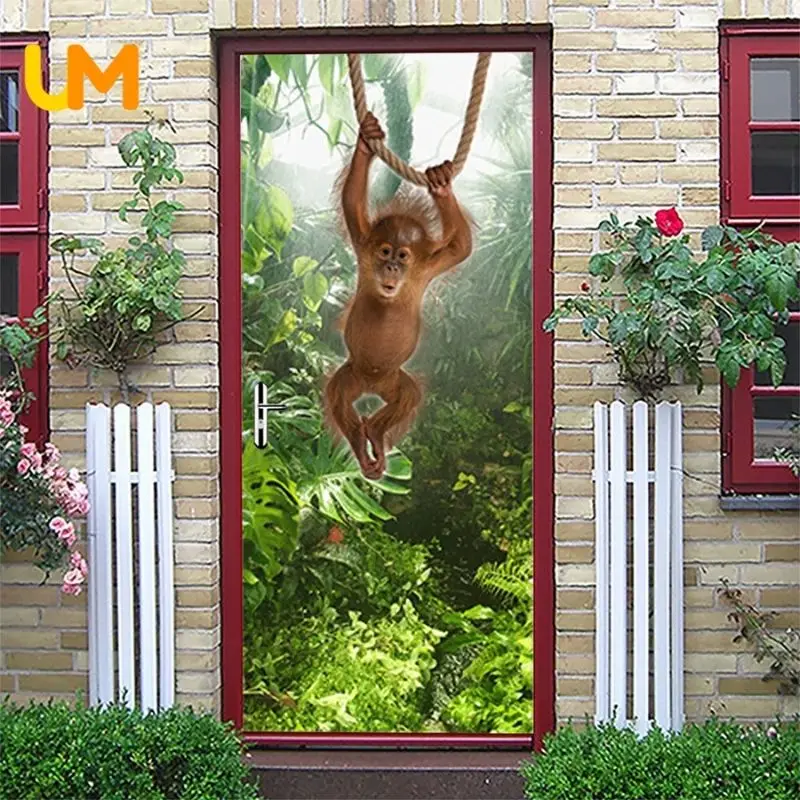 

Forest 3D Wallpaper For Door Animal Monkey Door Sticker Self-adhesive Elevator Door Wallpaper Landscape Plant Wall Sticker