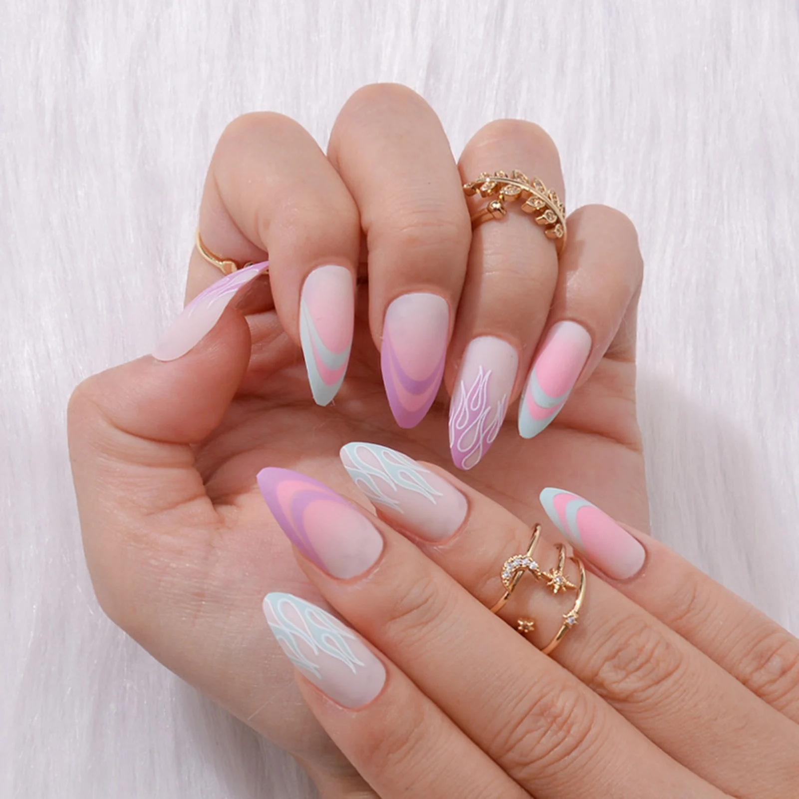 

24 Almonds Pressed On Nails, Pink Flame Design Fake Nails New Fashion French Style Full Covered Fake Nails Acrylic Nail Tips