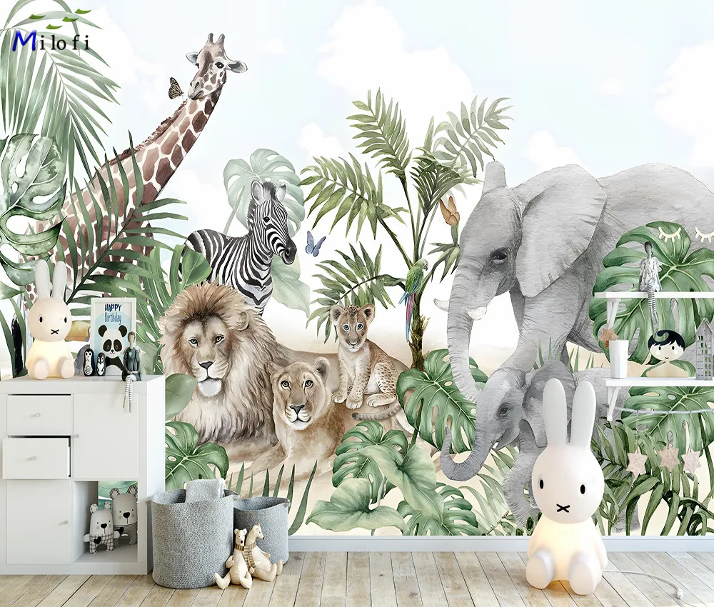 Milofi-papel tapiz personalizado de animales, Mural 3d de acuarela, Selva, guardería, elefante, jirafa, pegatina de fondo artístico para pared