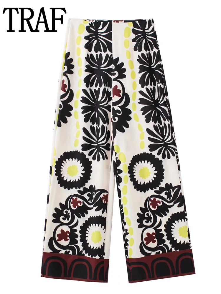 

Брюки TRAF женские с принтом, широкие модные мешковатые штаны с завышенной талией в стиле бохо, повседневные штаны с цветочным принтом, лето ...