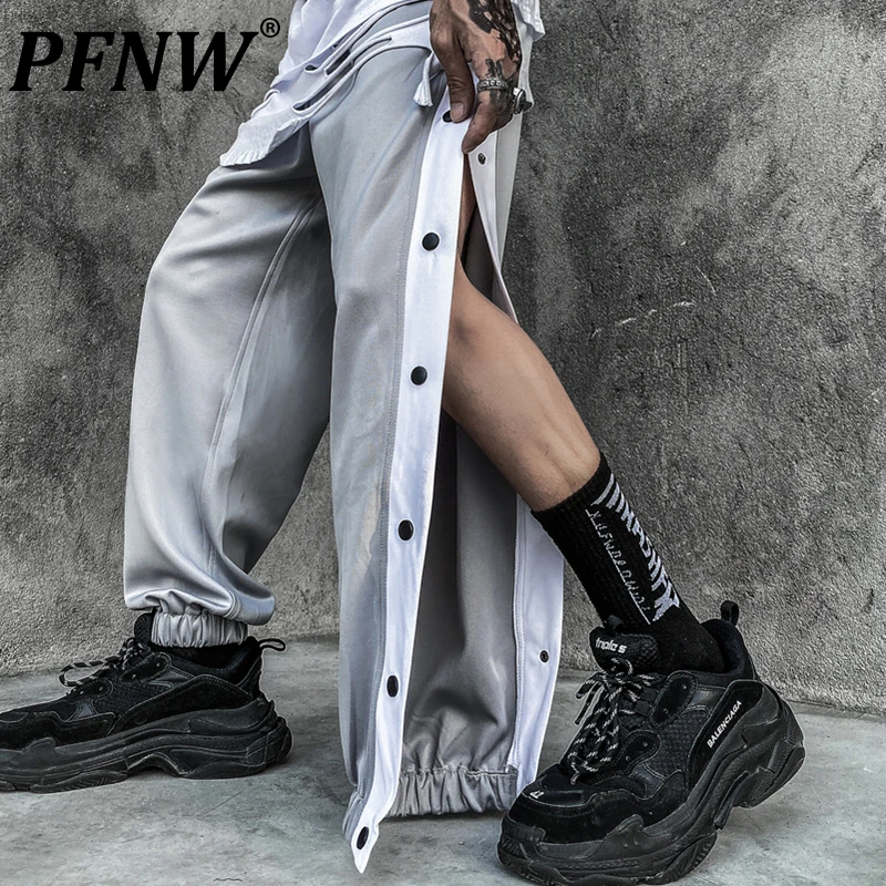 

PFNW Spring Autumn New Men's Tide Hip Hop Breasted Furcal Design Pencil Pants Chic Contrast Sports Streetwear Trousers 12A7814