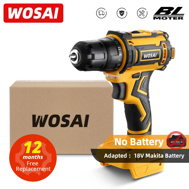 

WOSAI Brushless Drill 50NM Electric Screwdriver 25+1 Torque Settings 2-Speeds 20V Cordless Drill For 18V Makita Lithium Battery
