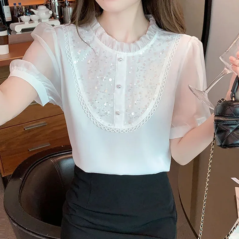 Женская шифоновая блузка с коротким рукавом и оборками модель J758 на лето