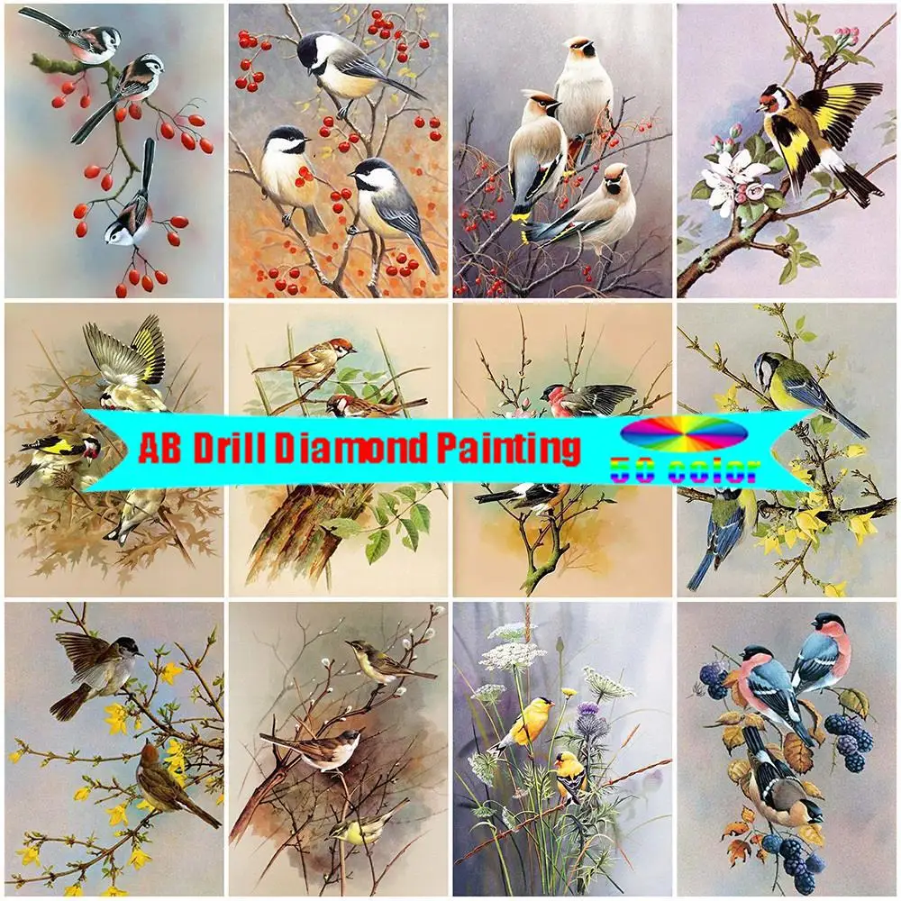 

AB Dirll Diamond Painting Bird Full Drill Square Diamond Embroidery Tree Picture Rhinestone Mosaic Flower 5D DIY Art Home Decor