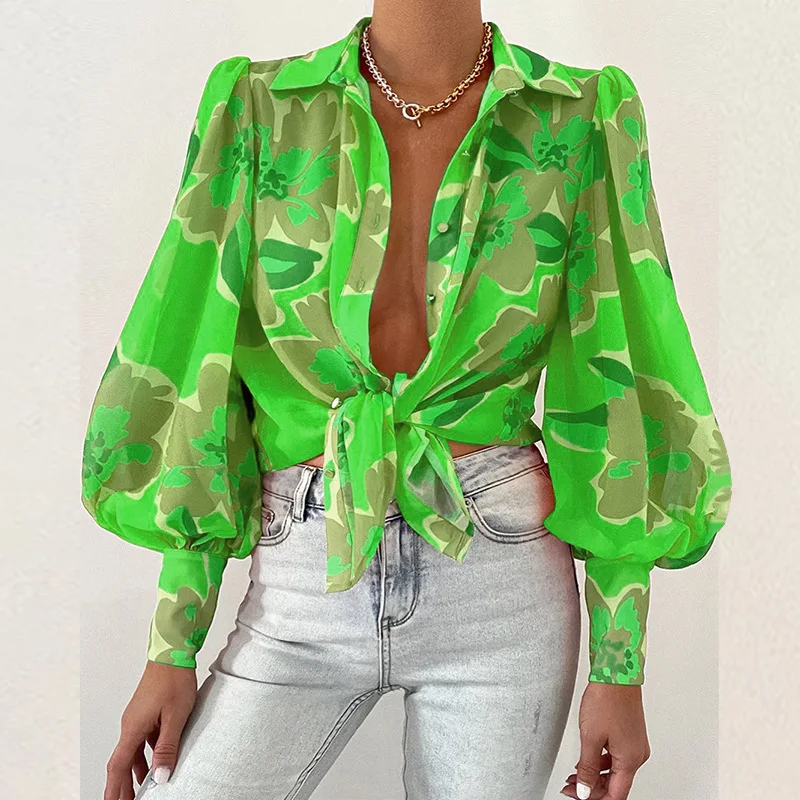 

2022 Summer New Puff Sleeve Single Breasted Button Shirts Women Turn-down Collar Print Casual Blouse Fashion Streetwear Tops