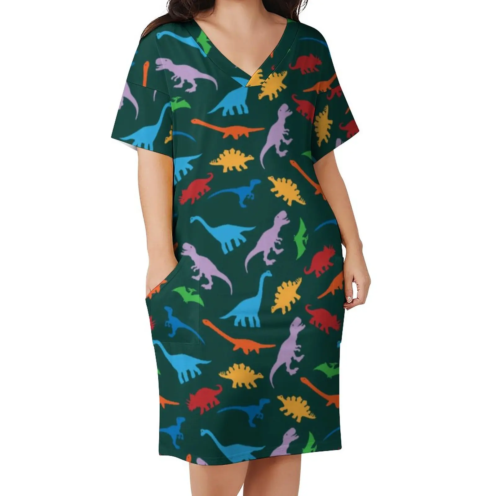 Animal Silhouette Dress Plus Size Colorful Dinosaur Print Korean Fashion Casual Dress Ladies Summer Short Sleeve Modern Dresses