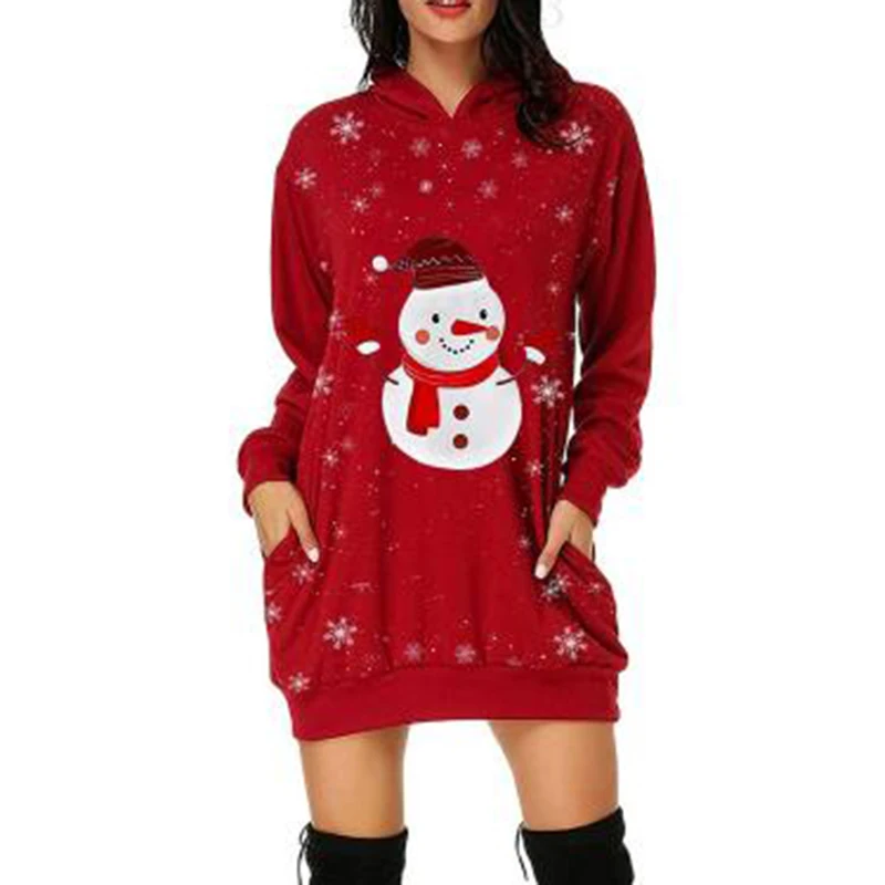 2022 Autumn Casual Women Long Hoodies Chirstams Sweatshirts Snowman Print Hooded New Winter Pockets Pullovers Tops Red Black 5XL