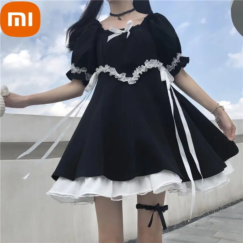 

Xiaomi Black Lolita Dress Kawaii Lace Patchwork Gothic Dress Women Square Collar Puff Sleeve Japanese Harajuku Fashion Sundress