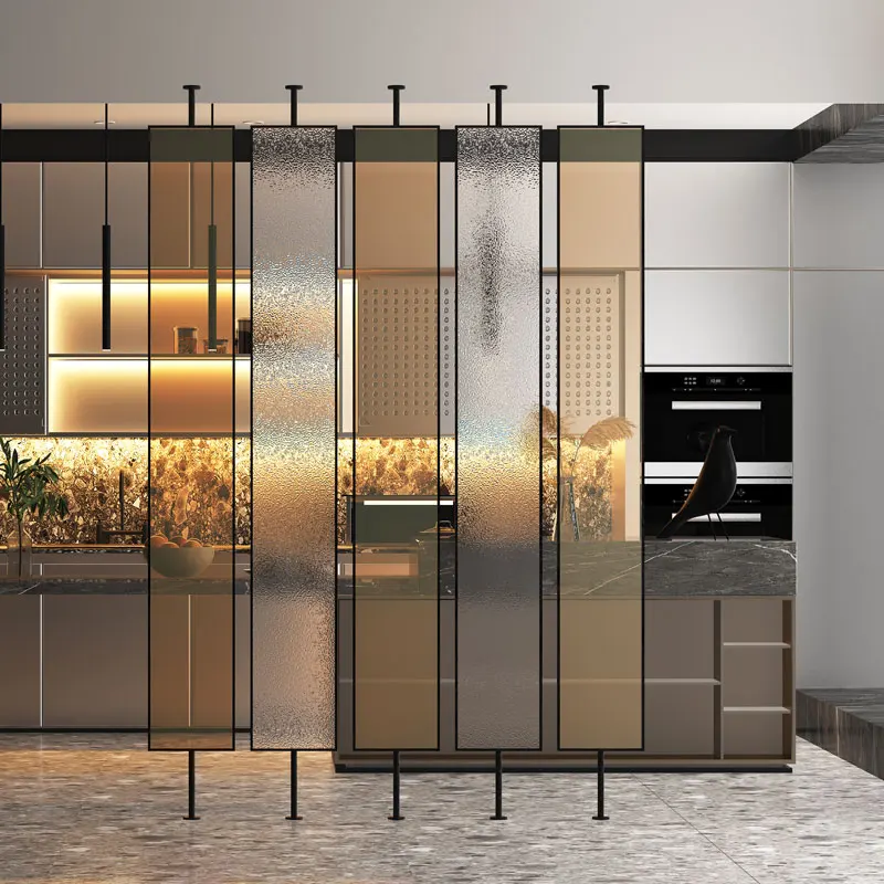 

Simple wrought iron hollow glass porch stainless steel tea glass water ripple screen luxury decorative metal hotel partition