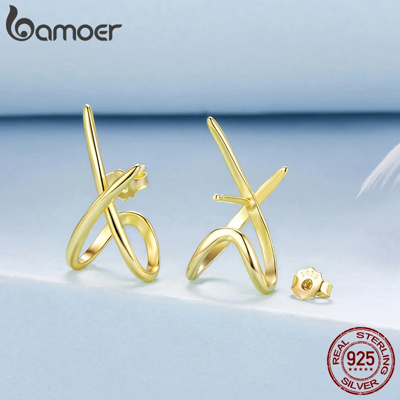 Фото Серьги Bamoer X, 100% стерлинговое серебро 925, золотые серьги-гвоздики, минималистичные изящные гипоаллергенные серьги для женщин, ювелирные изделия на день рождения, подарки №4