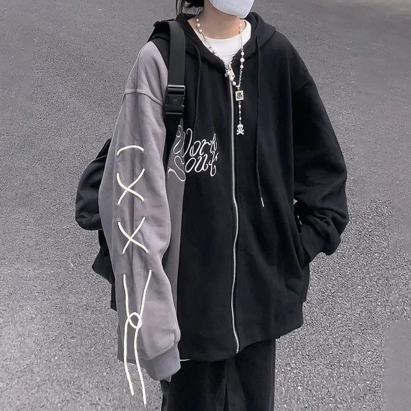 

Zip-up Hoodies Women Spring Loose Korean Fashion Punk Harajuku Style Loose Embroidery Patchwork Loose Hooded Sweatshirt Female