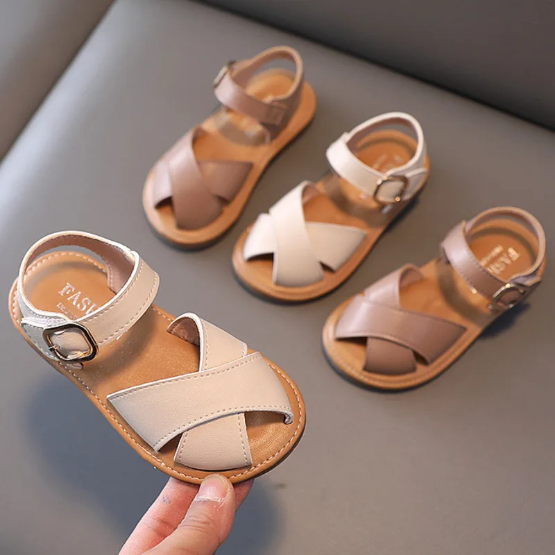 

2022 Girls Summer Shoes Solid Buckle Hook Loop Children Sandals Soft Bottom Non-Slip Footwear Beach Toddler Kids Sandals