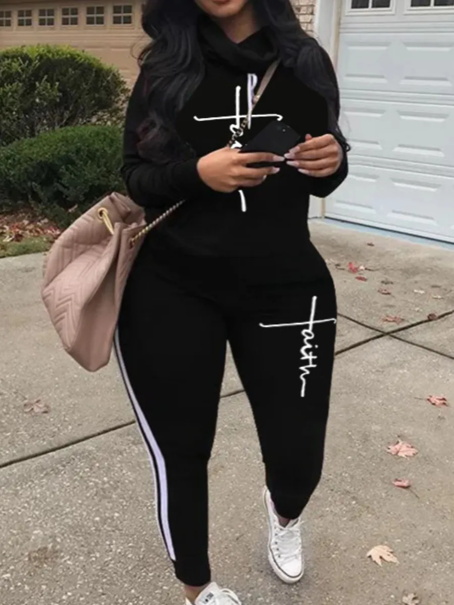 

LW Plus Size Faith Letter Print Striped Tracksuit Set Hooded Collar Stretchy Long Sleeve + Trousers casual sports suit
