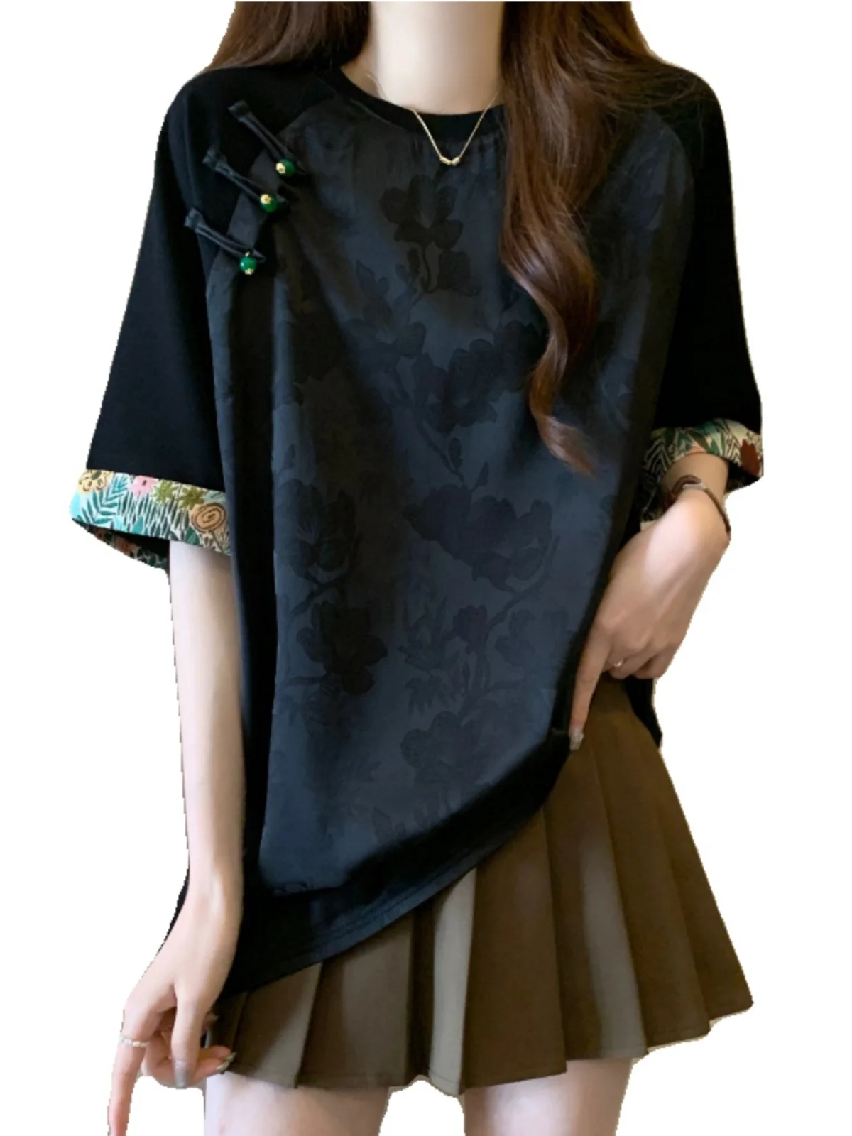 Новая китайская атласная жаккардовая футболка с короткими рукавами женская